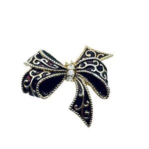 Vintage Monet Figural Bow Enamel & Rhinestone Brooch Deep Burgundy Wine Red Pin